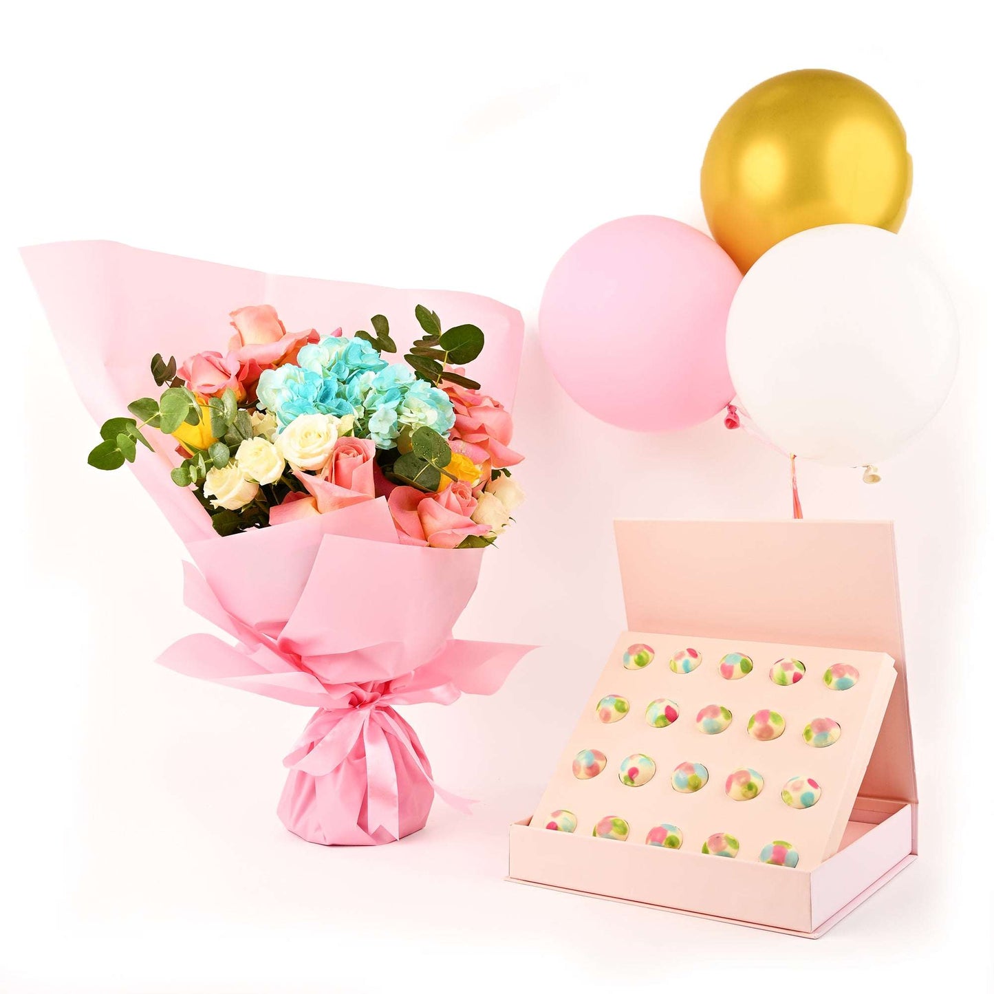 Happy Birthday Gift Bundle with pastel bouquet, 16 decorated chocolates and gold, pink and white balloons