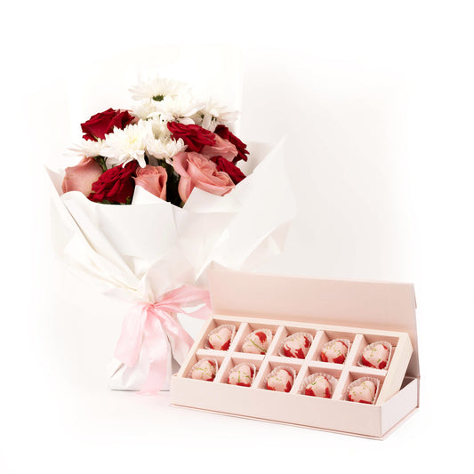 Love You Chocolate Combo Flowers and Strawberry Chocolates Gift Set