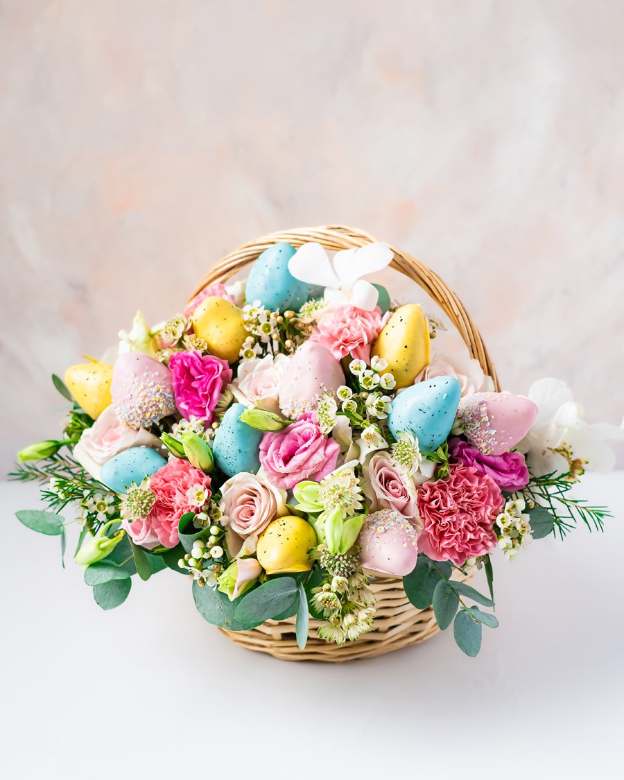 Flowers and Strawberries Basket Arrangement by NJD