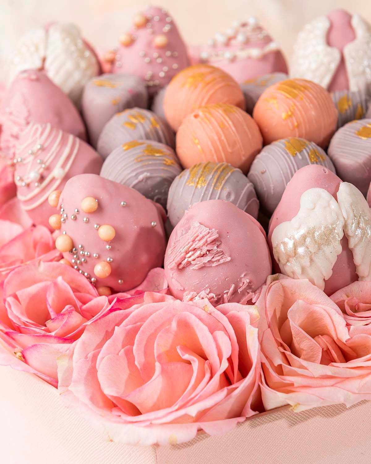 Roses, Assorted Truffles and Designer Strawberries Hamper by NJD