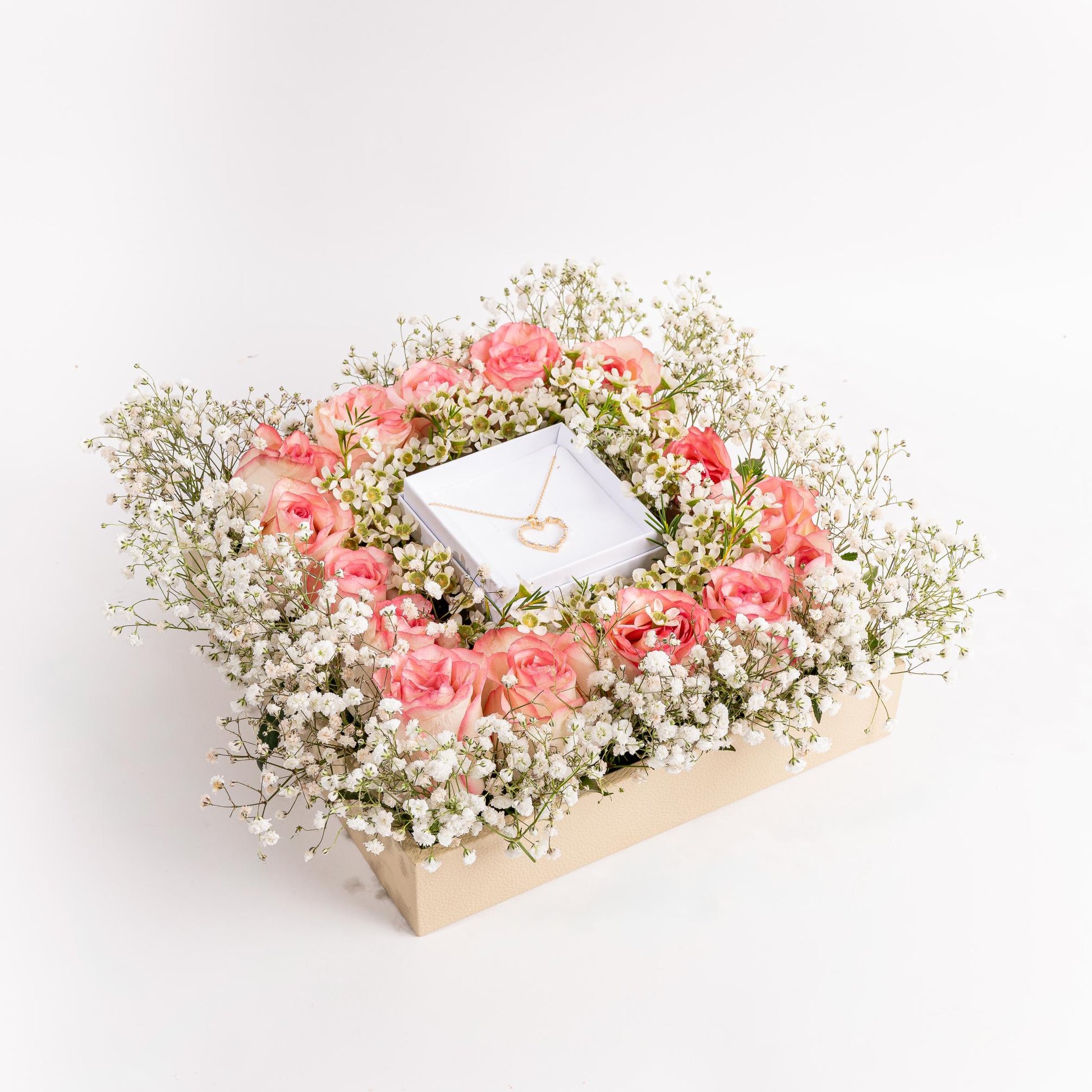 Floral Elegance with Heart Necklace Gift Arrangement